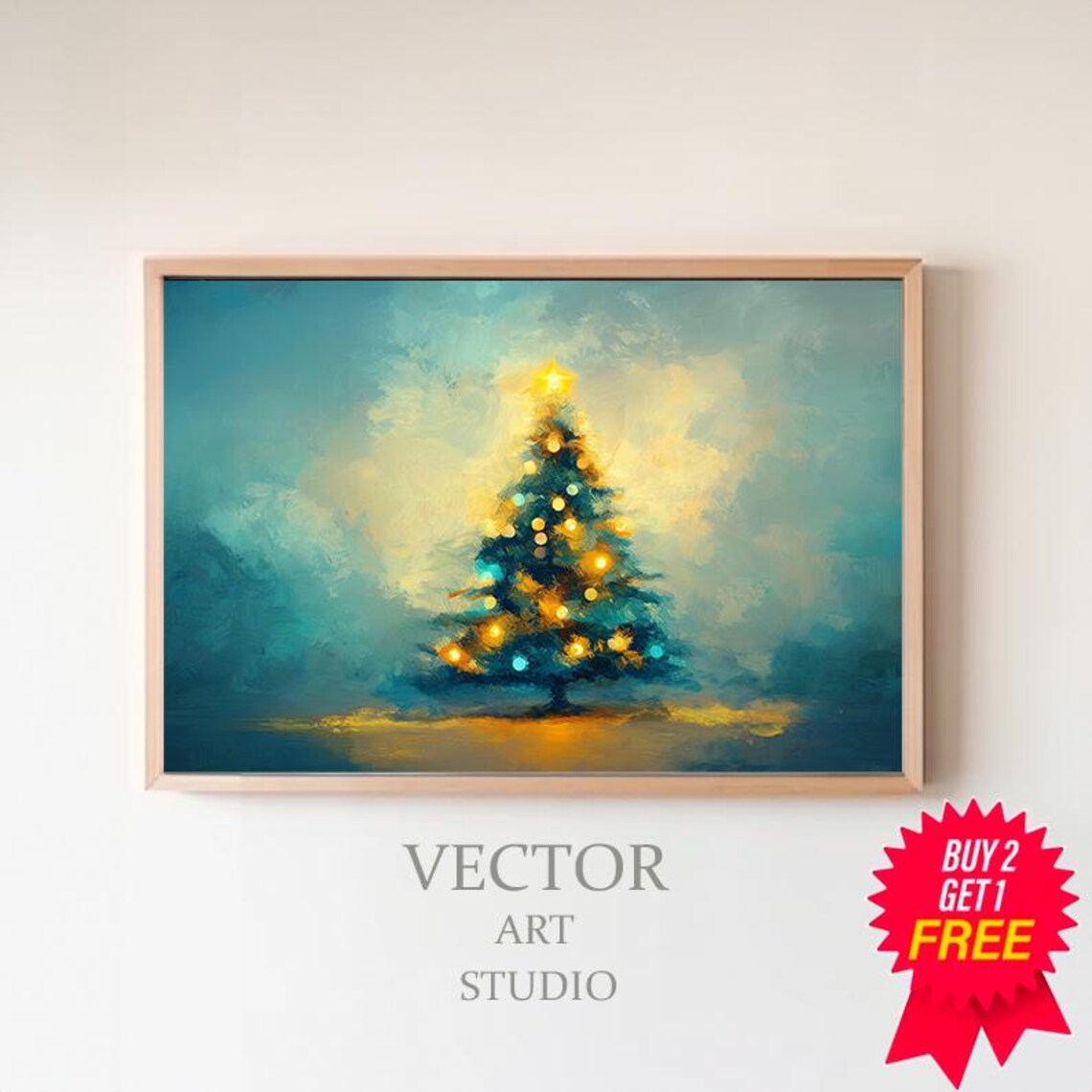 Glowing Teal Christmas Tree with Golden Lights Festive Holiday Poster