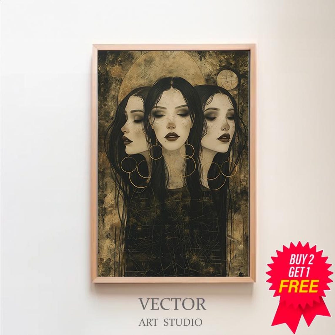 Hecate Triple Moon Goddess in Dark Gold Vintage Witchcraft Art Poster