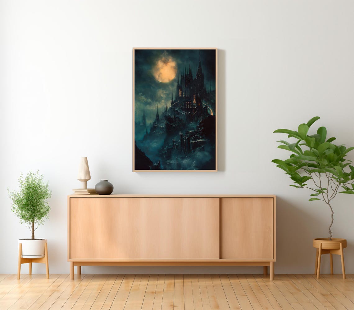 Draculas Castle Under Full Moon Teal Night Gothic Vampire Art Poster - Image 2