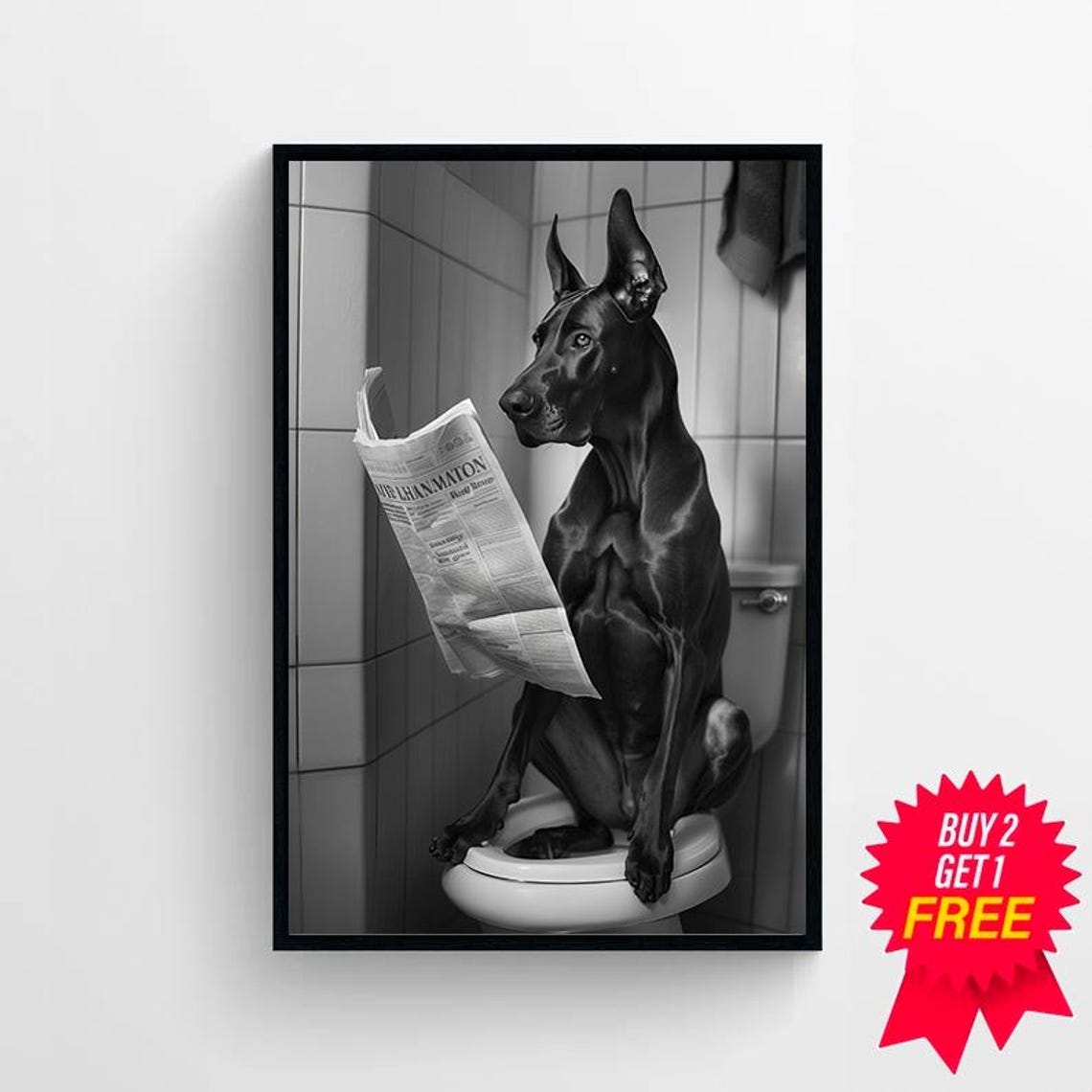 Great Dane Reading Newspaper with Head Bowed Bathroom Poster - Image 4
