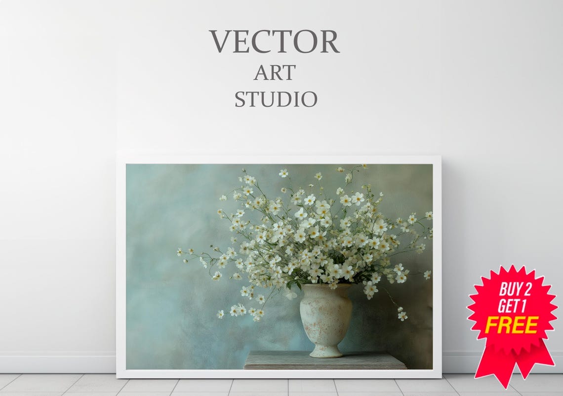 Delicate Tiny White Wildflowers In Aged Stone Vase Still Life Poster - Image 3