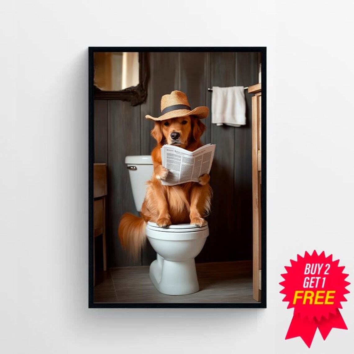 Golden Retriever In Straw Cowboy Hat On Toilet Reading Poster - Image 4