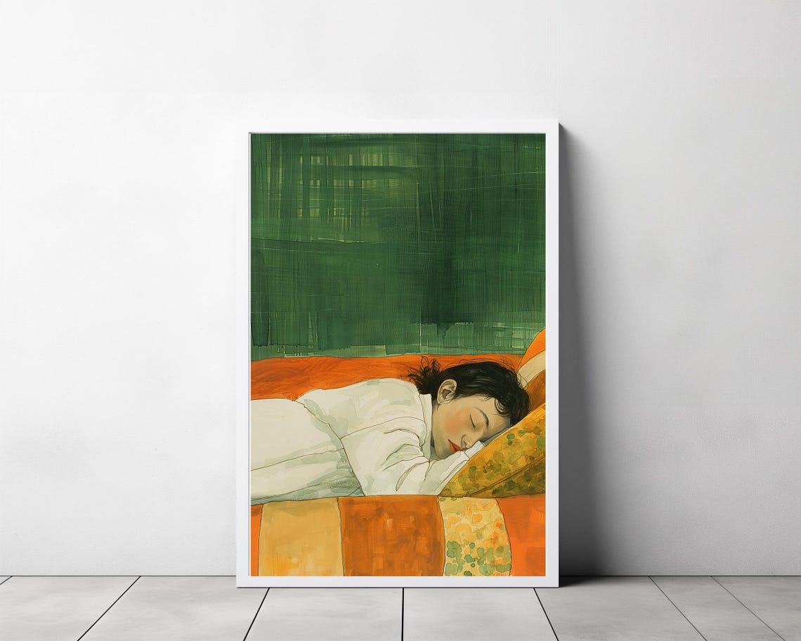 Woman Napping on an Orange Couch Against a Green Wall Poster - Image 3