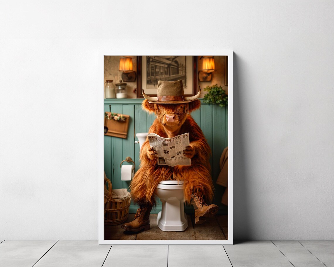 Shaggy Highland Cow in Cowboy Hat Reading Paper on Toilet Poster - Image 3