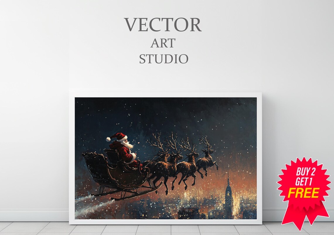 Santa Sleigh Over Snowy City At Dusk Vintage Christmas Poster - Image 3