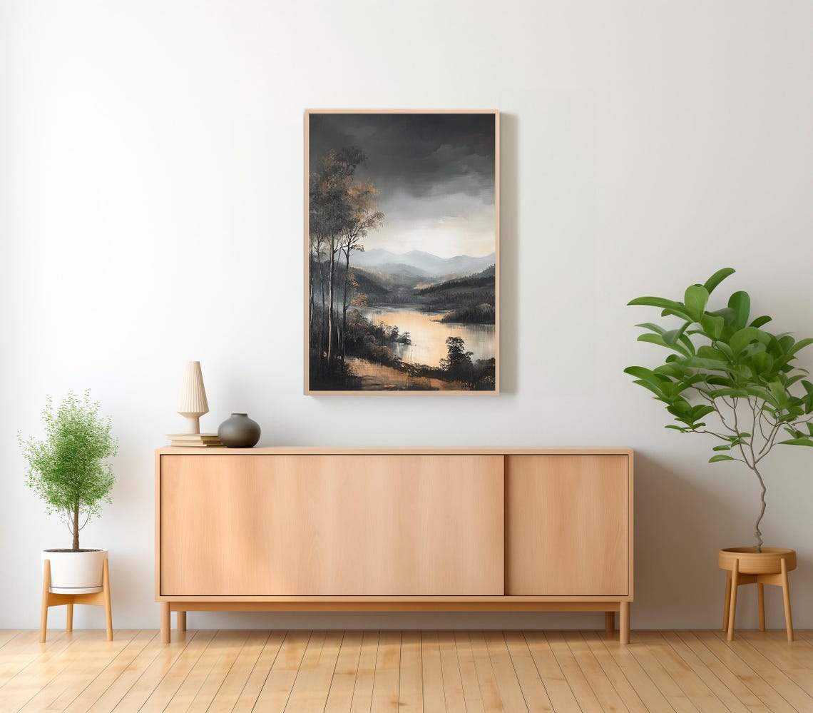Moody Mountain Lake With Birch Trees Dramatic Landscape Poster - Image 2
