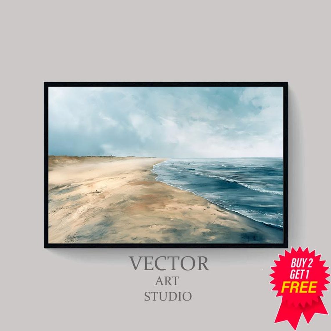 Blue Grey Sky Over a Wide Sandy Beach Shoreline Seascape Art Poster - Image 4