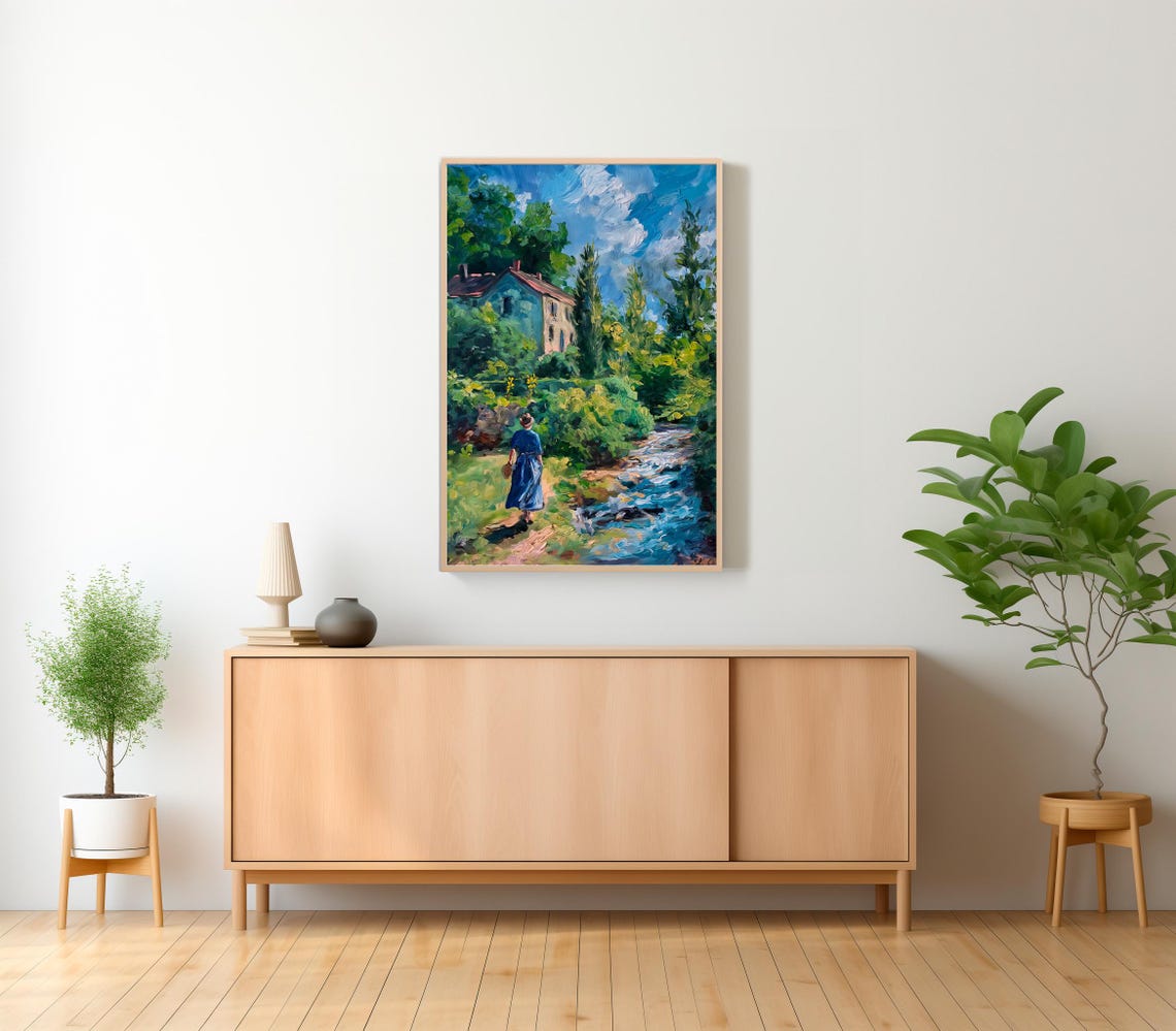 Spring Country Oil Painting Vintage Stream Landscape Print Rustic Farmhouse Cottage Print Art Art - Image 2