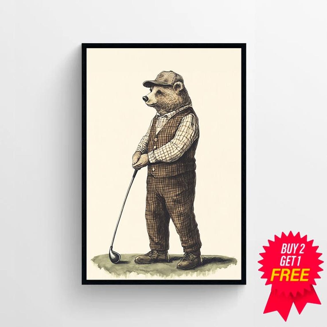 Vintage Bear Golfer in Plaid Vest Illustrated Wall Decor Poster - Image 4