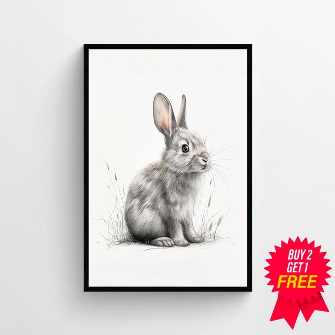 Grey Bunny Sketch Sitting In Grass Minimalist Pencil Rabbit Poster - Image 4