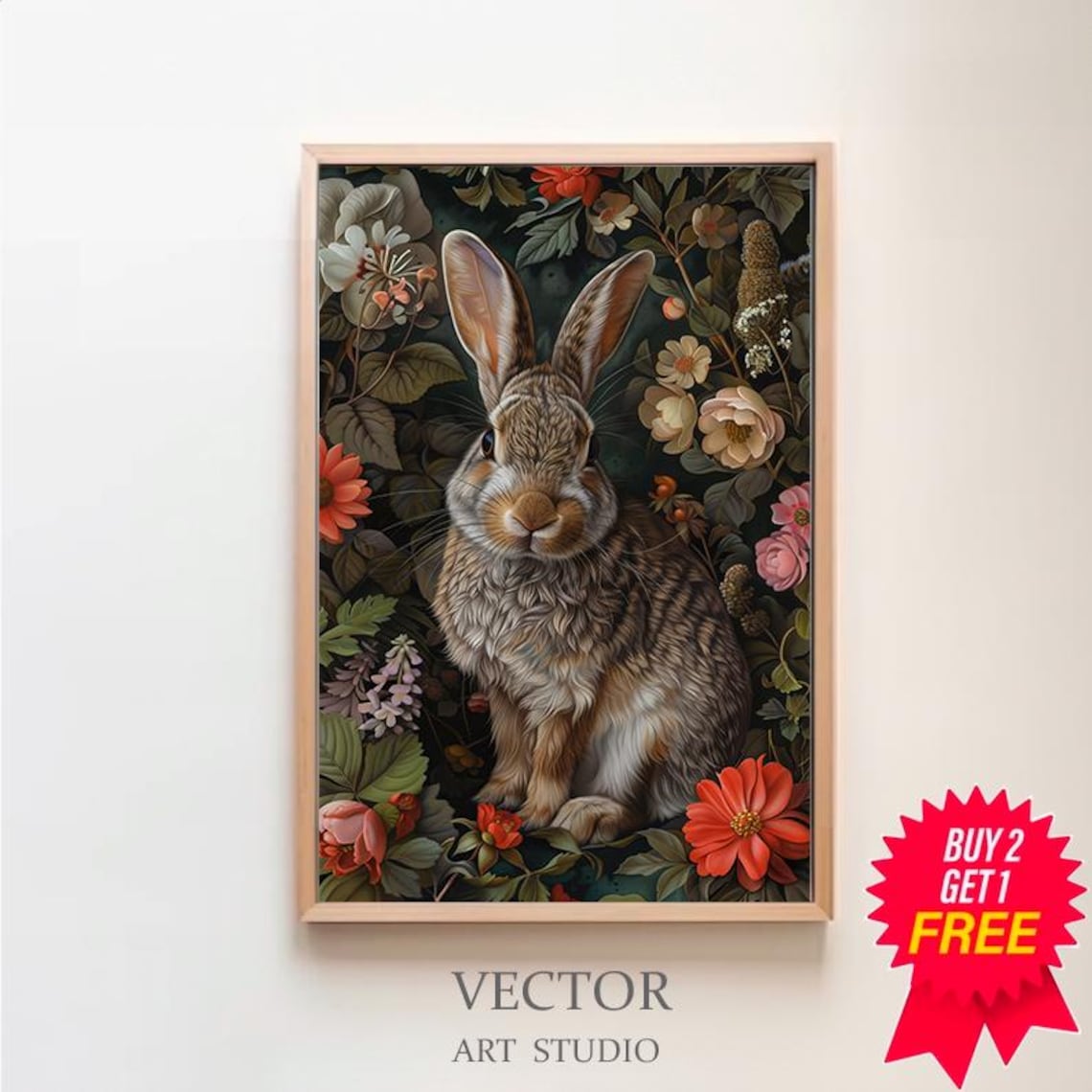 Vintage Bunny Rabbit Among Roses Botanical Floral Art Nouveau Poster