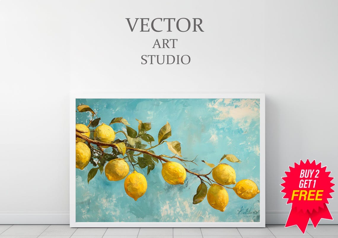 Vintage Mediterranean Lemon Branch on a Turquoise Background Poster - Image 3