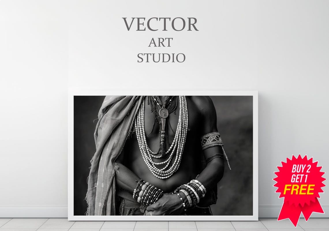African Tribal Bead Jewelry Black and White Photography Print - Image 3