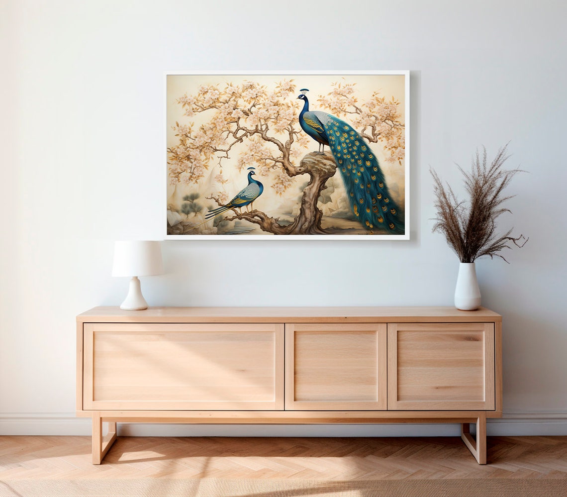 Two Peacocks Gnarled Tree Chinoiserie Garden Flowering Wall Poster - Image 2