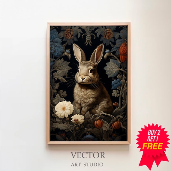 Brown Rabbit in a Moody Midnight Floral Garden Vintage Art Poster