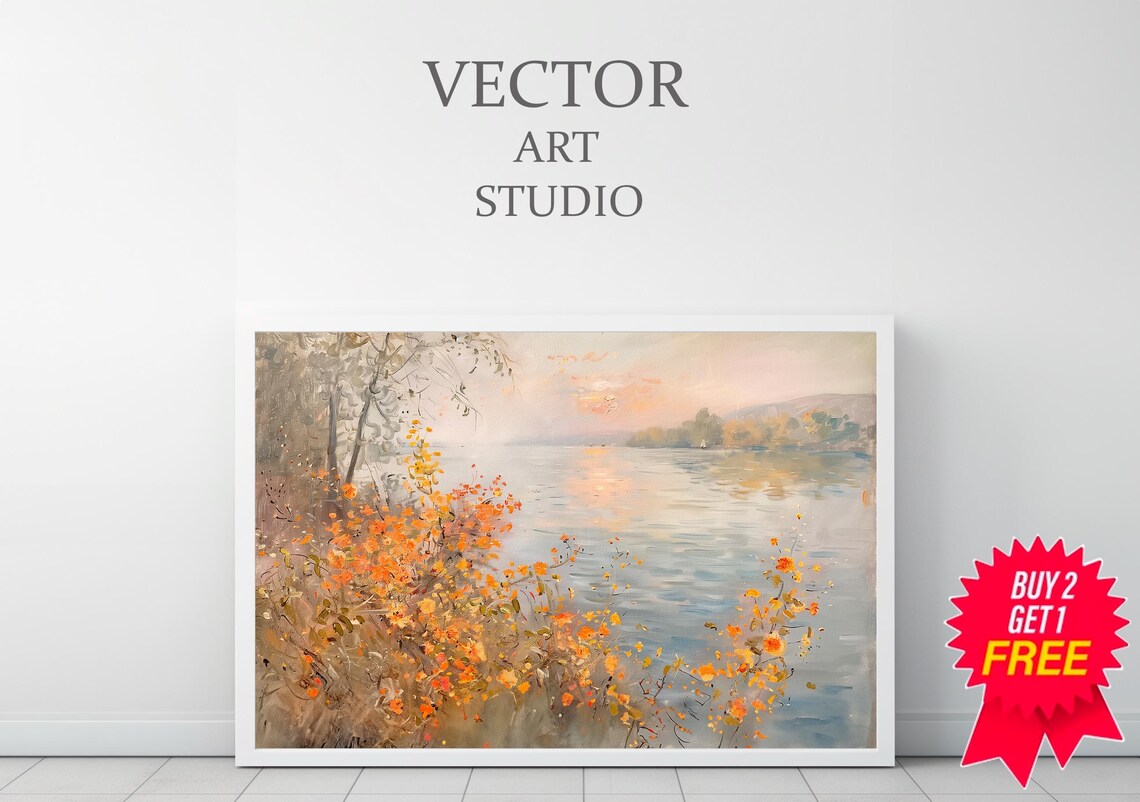 Autumn Wildflowers by the River Sunset Vintage Landscape Poster - Image 3