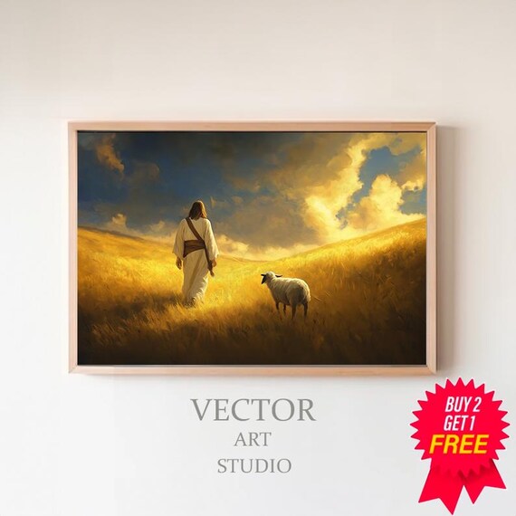 Jesus Walking with a Sheep Through Golden Wheat Field Poster