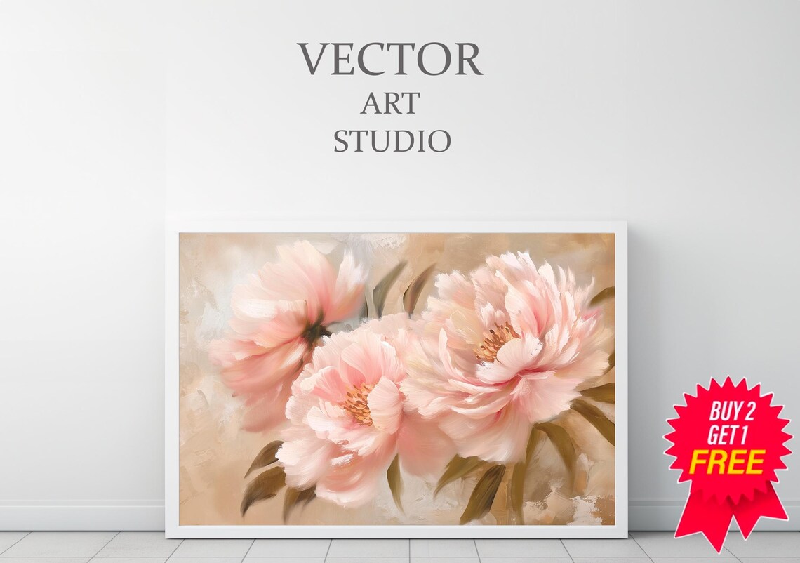 Soft Blush Pink Peonies Vintage Floral Oil Painting Wall Art - Image 3