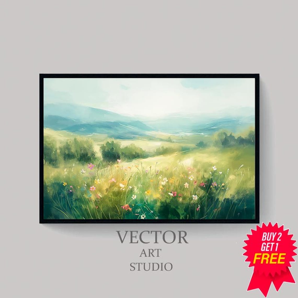 Pastel Wildflower Meadow With Misty Mountains Spring Landscape Poster - Image 4
