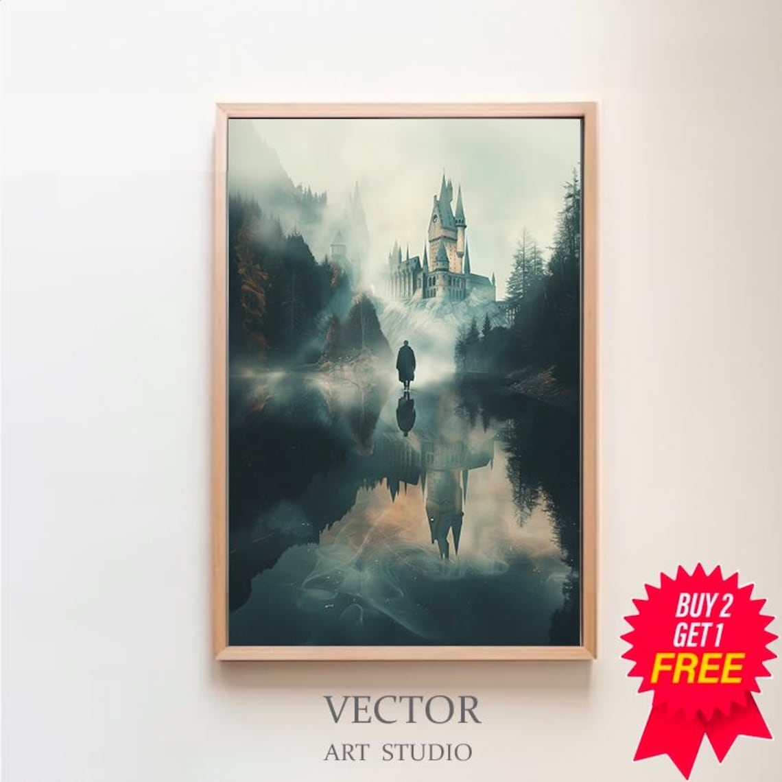 Misty Wizard Castle with Lone Boater on Dark Lake Fantasy Print