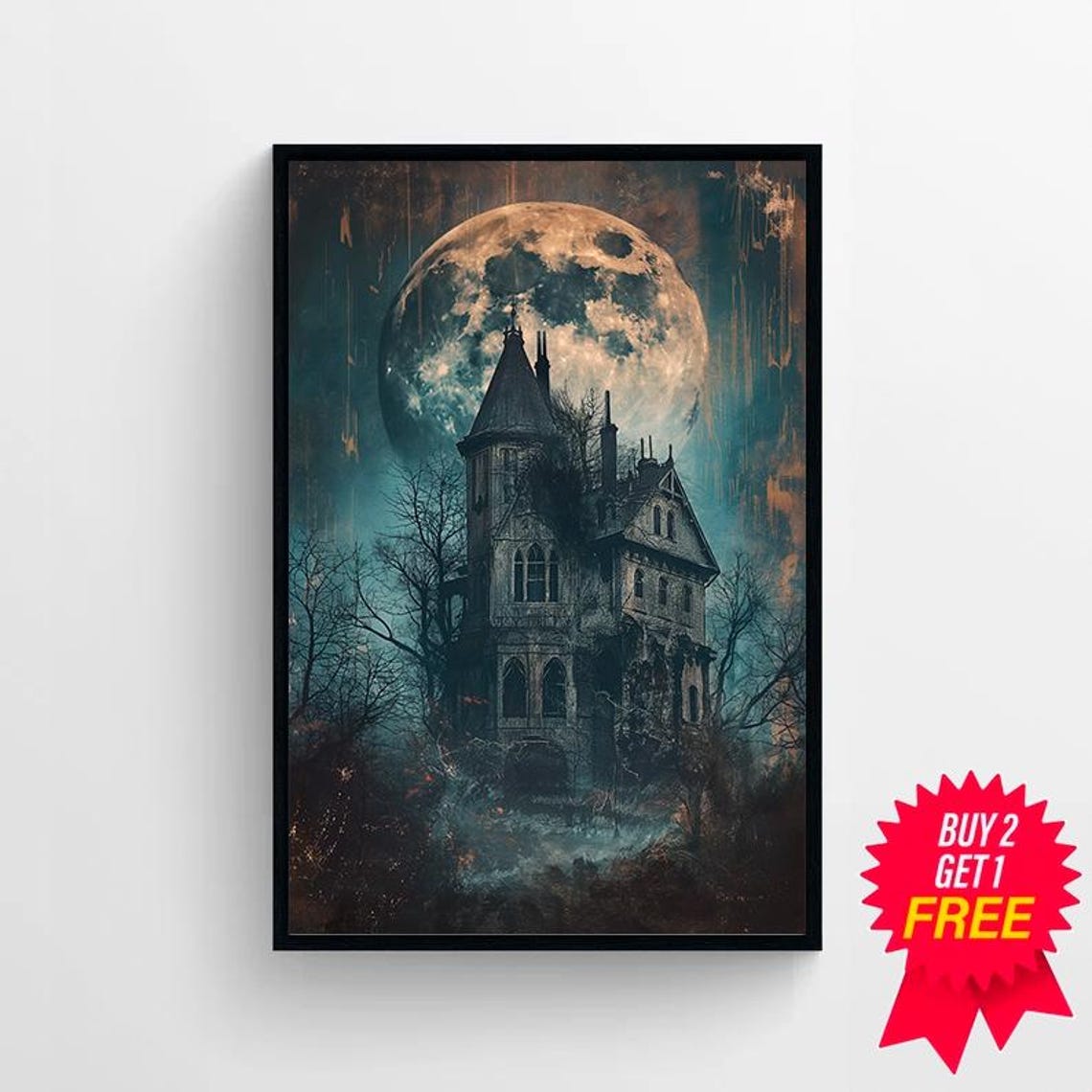 Haunted Victorian Mansion Standing Under A Giant Full Moon Poster - Image 4