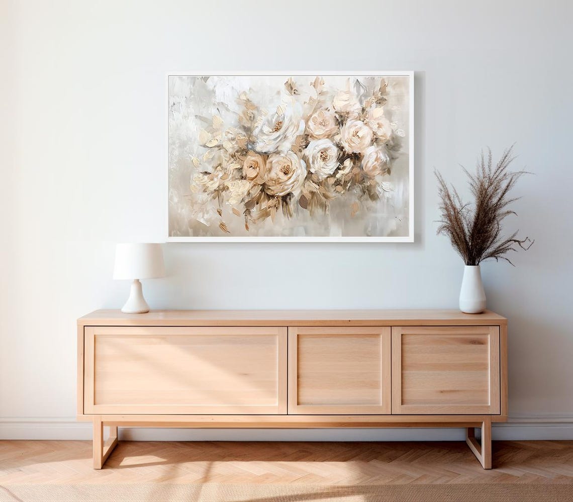Neutral White Roses Bouquet Textured Floral Oil Painting Wall Art - Image 2