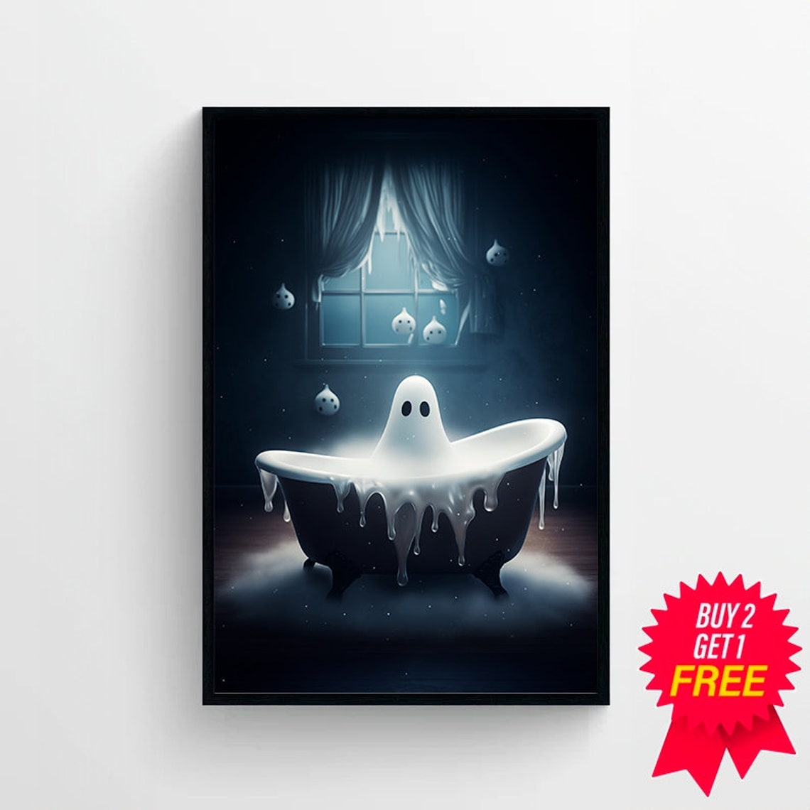 Cute Ghost in a Black Bathtub Under a Moonlit Window Halloween Poster - Image 4