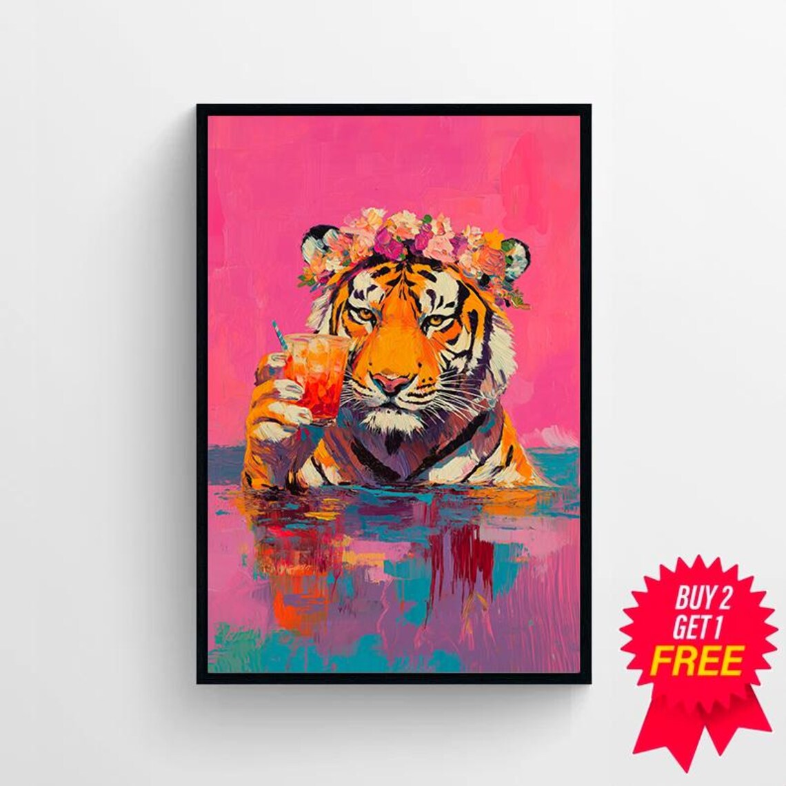 Tiger with Flower Crown Drinking Cocktail in Pool Painting Poster - Image 4