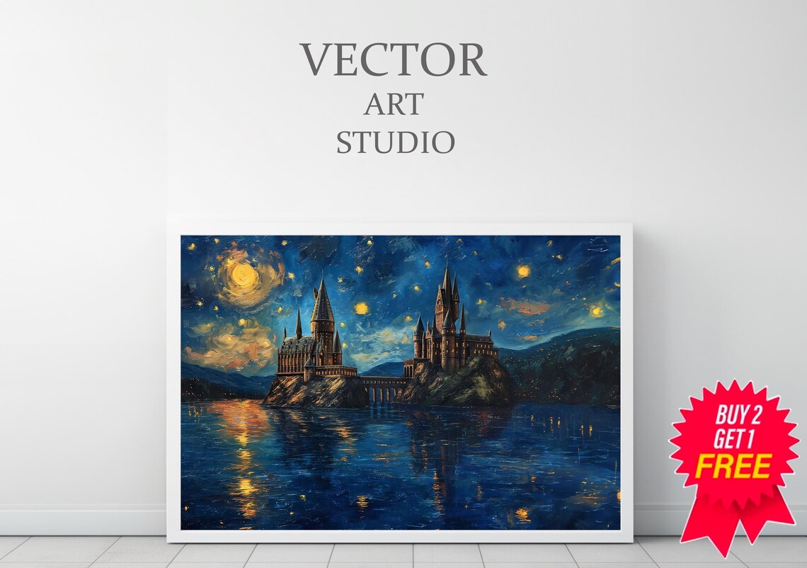 Starry Night Wizard Castle Over Moonlit Lake Fantasy Art Print - Image 3