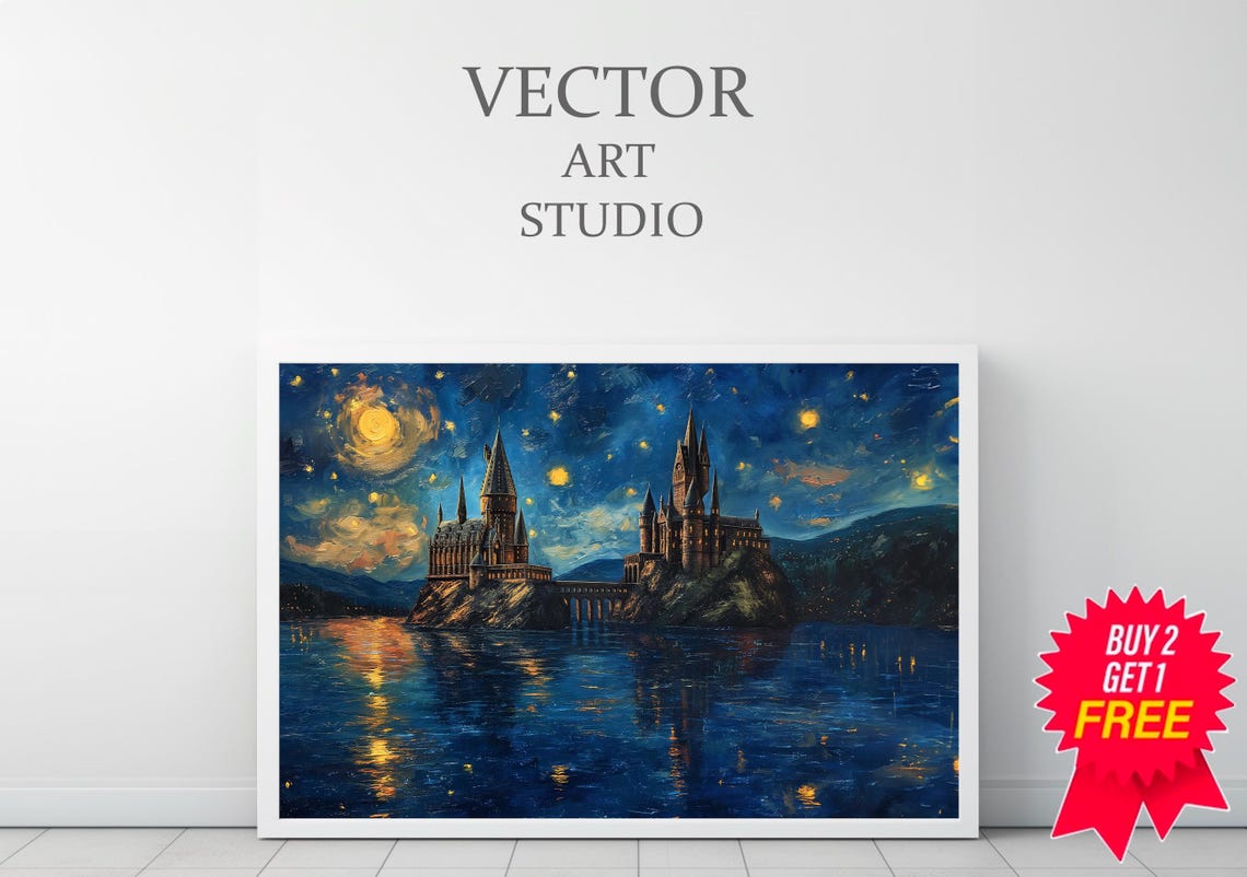 Wizarding Inspired Poster Vintage Wizard School Wizard World Van Gogh Painting Vintage Castle Decor Wall Art - Image 3