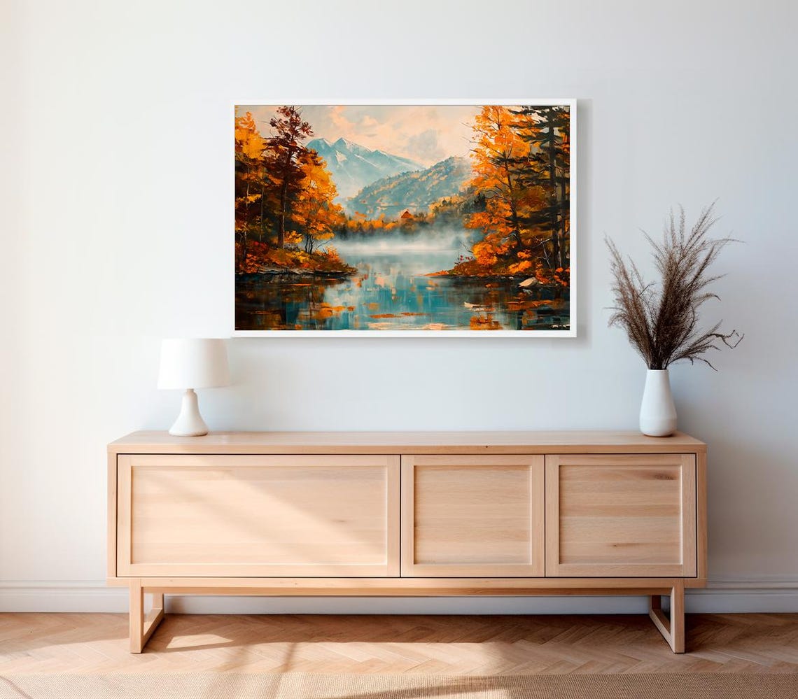 Autumn Lake with Fiery Orange Trees and Misty Mountains Art Poster - Image 2