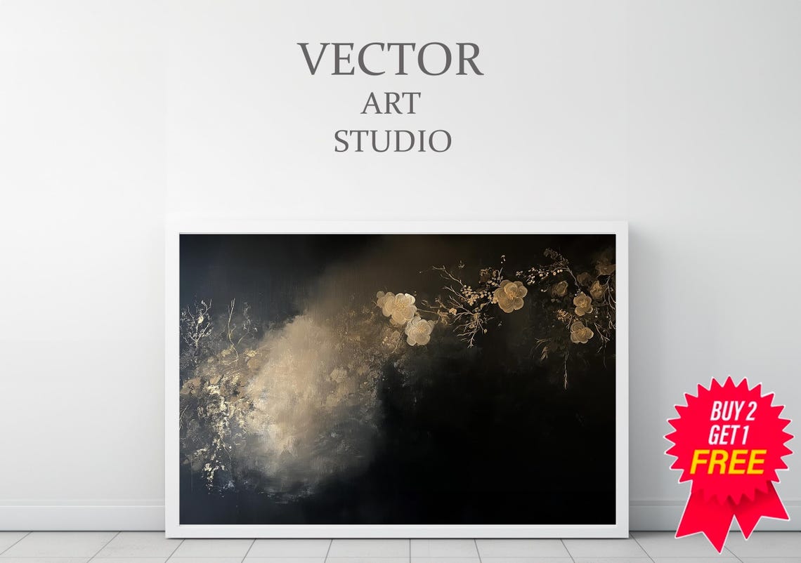 Gilded Flowers Emerging From Smoky Black Abstract Painting Poster - Image 3
