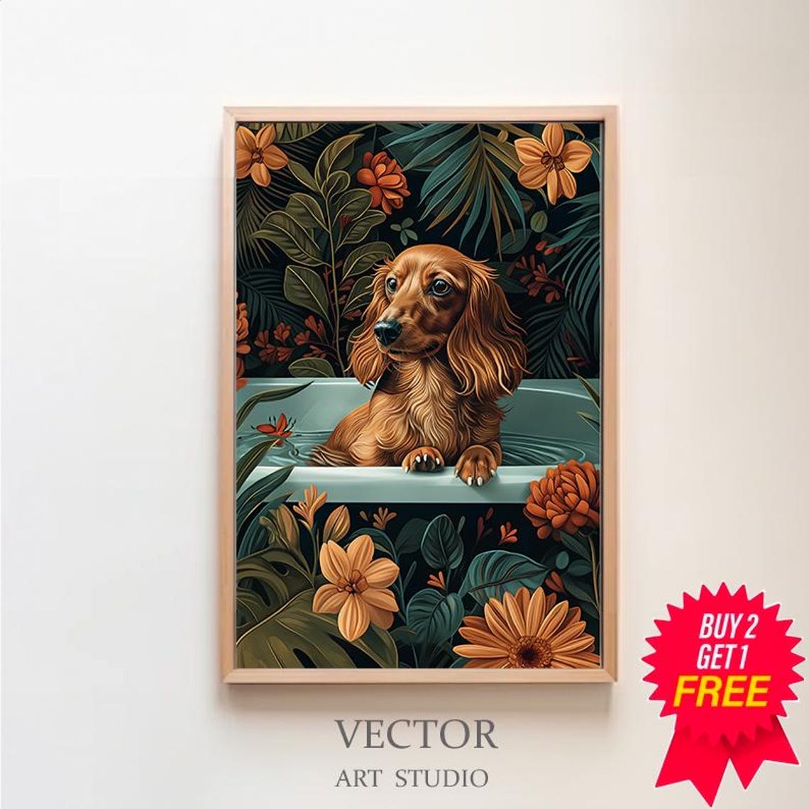 Long Haired Dachshund In A Teal Bathtub Jungle Flowers Wall Art