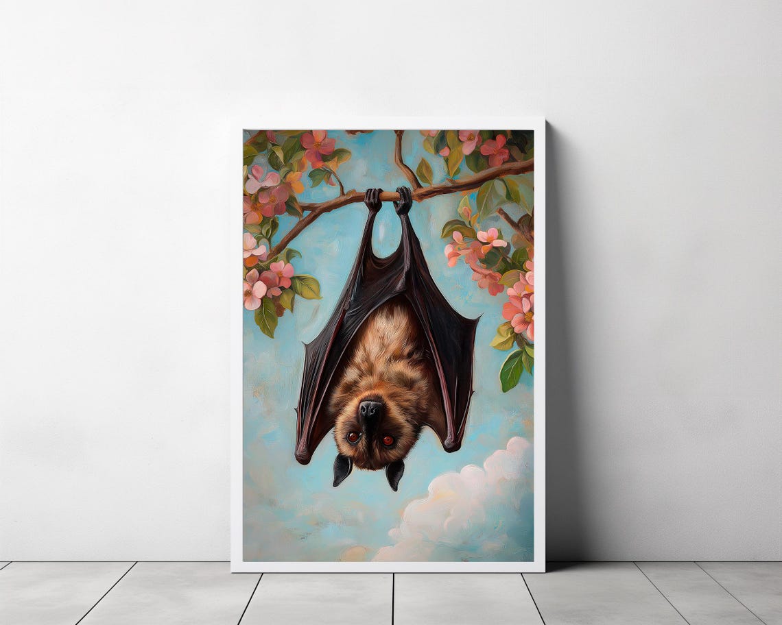 Flying Fox Bat Hanging from a Flowering Branch Painting Poster - Image 3