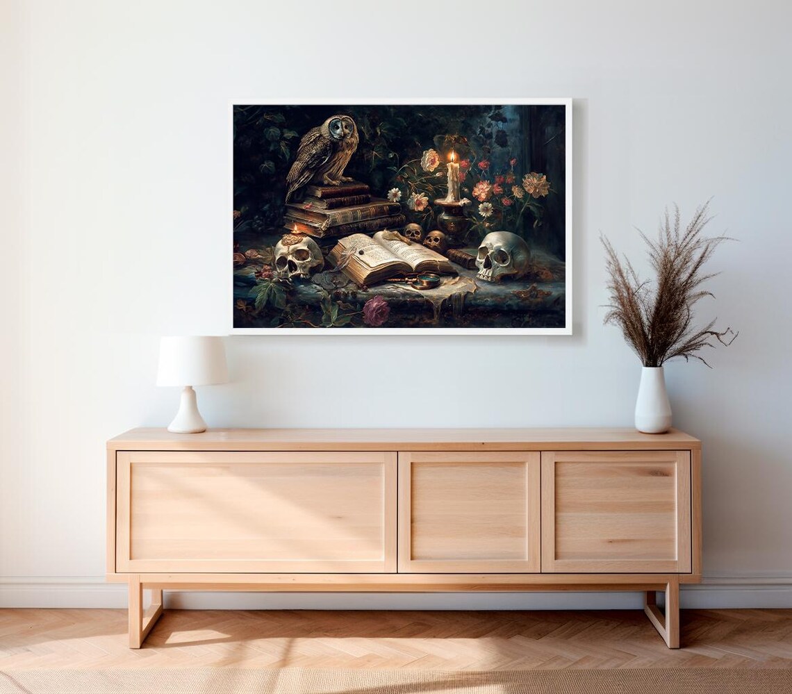 Owl with Skulls, Old Books and a Candle in a Dark Vanitas Still Life Poster - Image 2