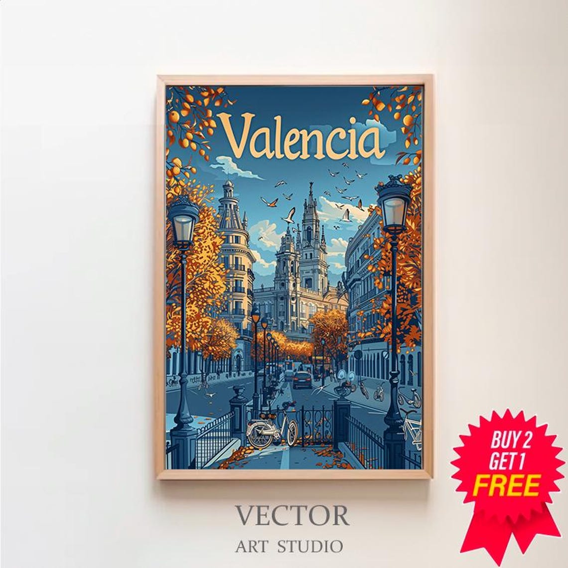 Valencia Spain Retro Travel Poster Autumn Orange Street Scene