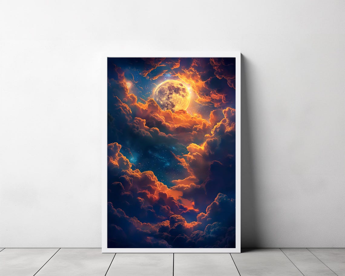 Glowing Full Moon In Orange And Blue Night Cloudscape Poster - Image 3