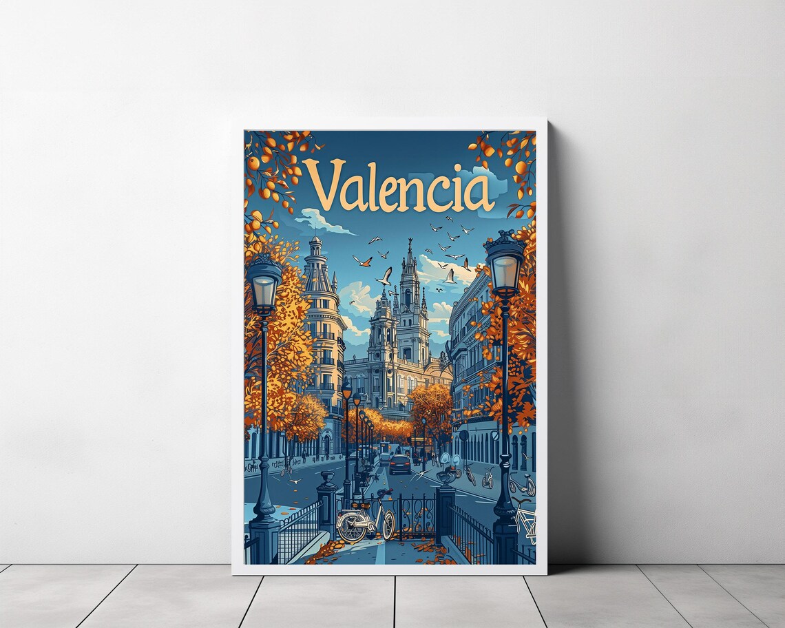 Valencia Spain Retro Travel Poster Autumn Orange Street Scene - Image 3