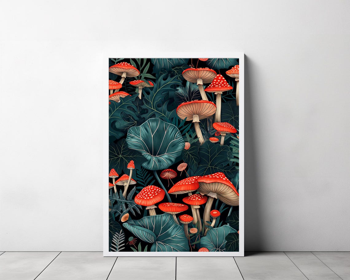 Red Fly Agaric Mushrooms Among Dark Leaves William Morris Style Poster - Image 3