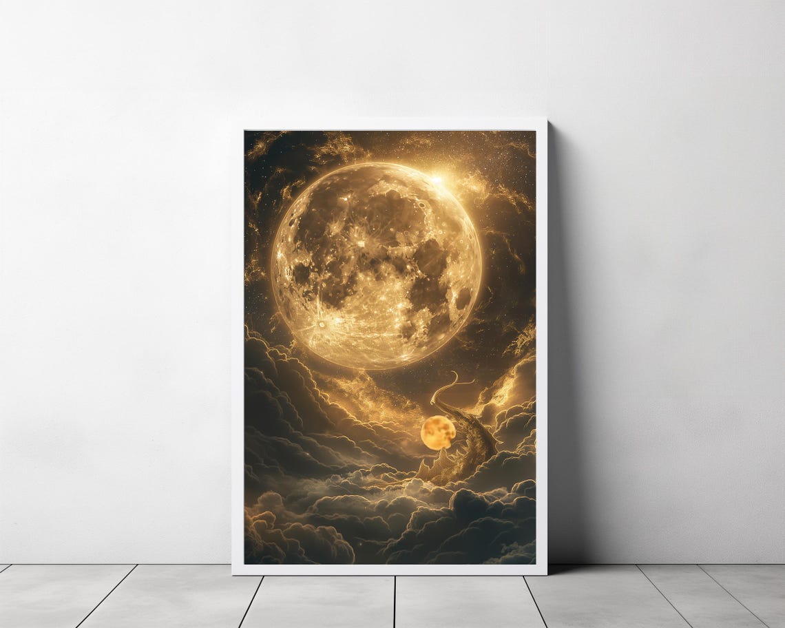 Enchanting Celestial Gold Moon Art Print Vintage Inspired Dark Academia Dark Cottagecore Night Sky Painting - Image 3