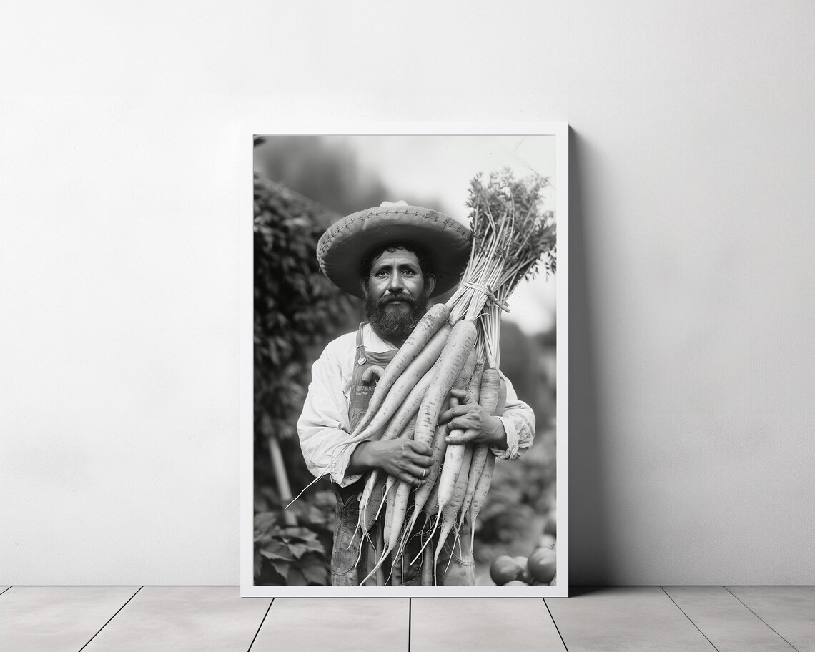 Vintage Mexican Farmer Holding Giant White Carrots Photo Poster - Image 3