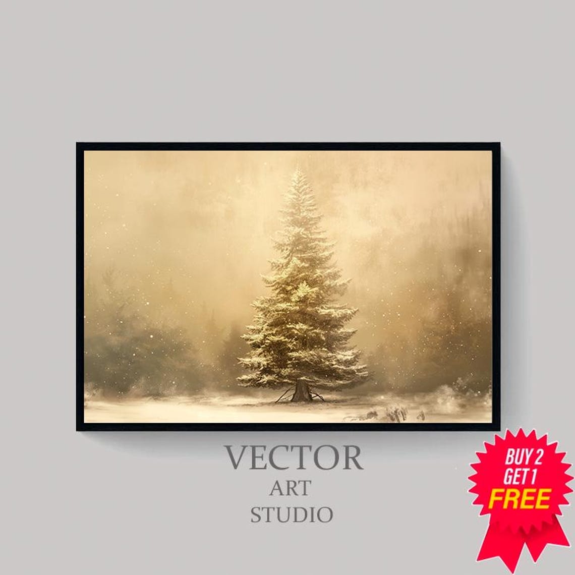 Lone Snow Covered Evergreen Tree Golden Mist Winter Scene Poster - Image 4