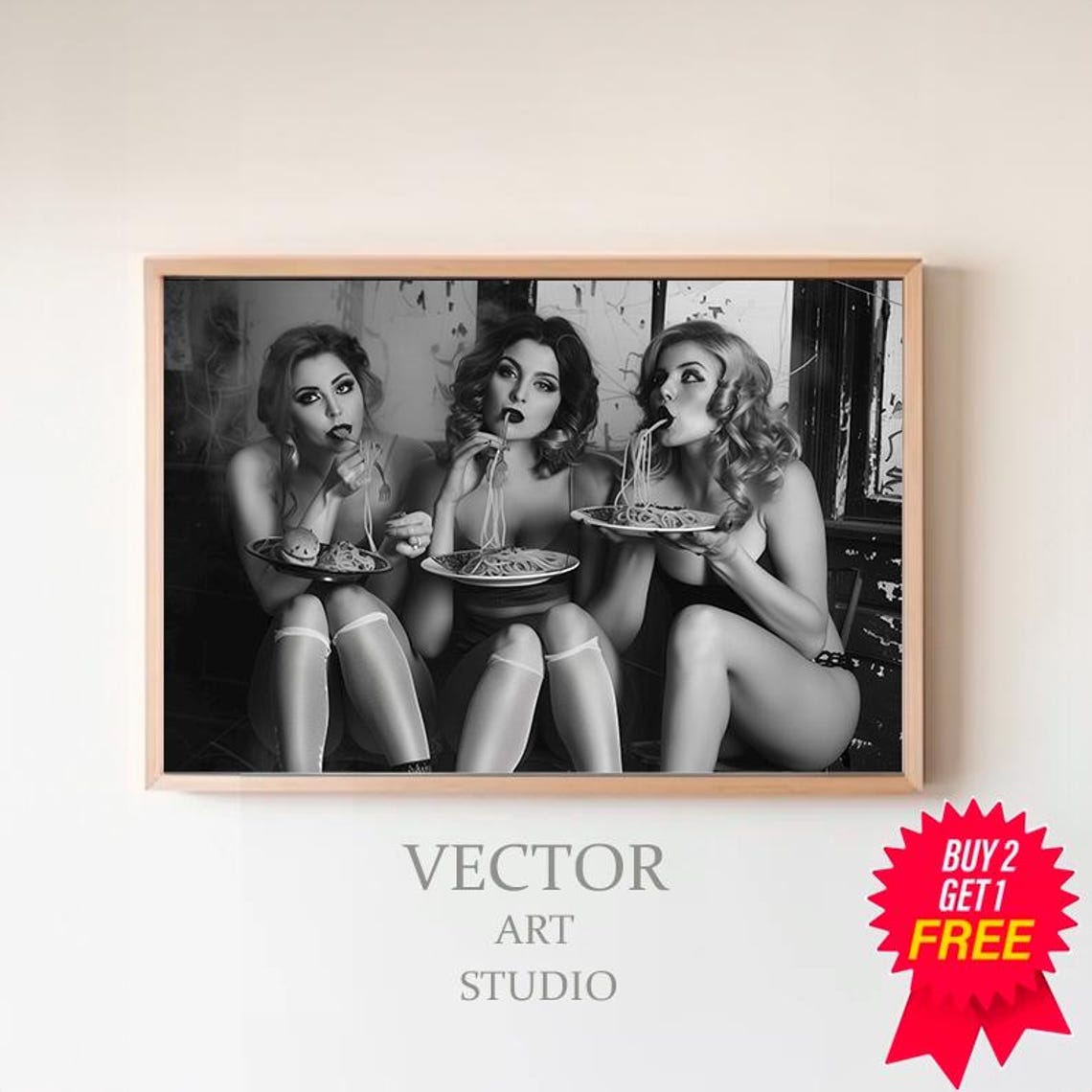 Three Retro Pin-Up Style Girls Eating Spaghetti Photo Poster