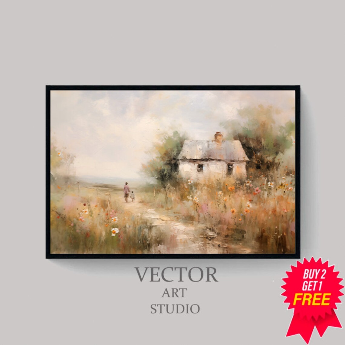 Country Cottage Path with Woman and Child in Wildflower Field Poster - Image 4