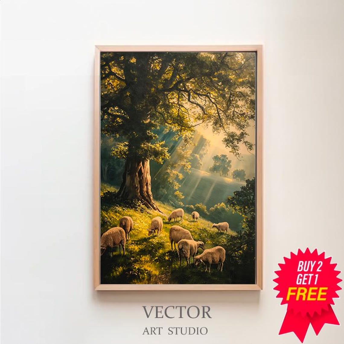 Peaceful Sheep Grazing Beneath a Sunlit Tree Golden Hour Poster