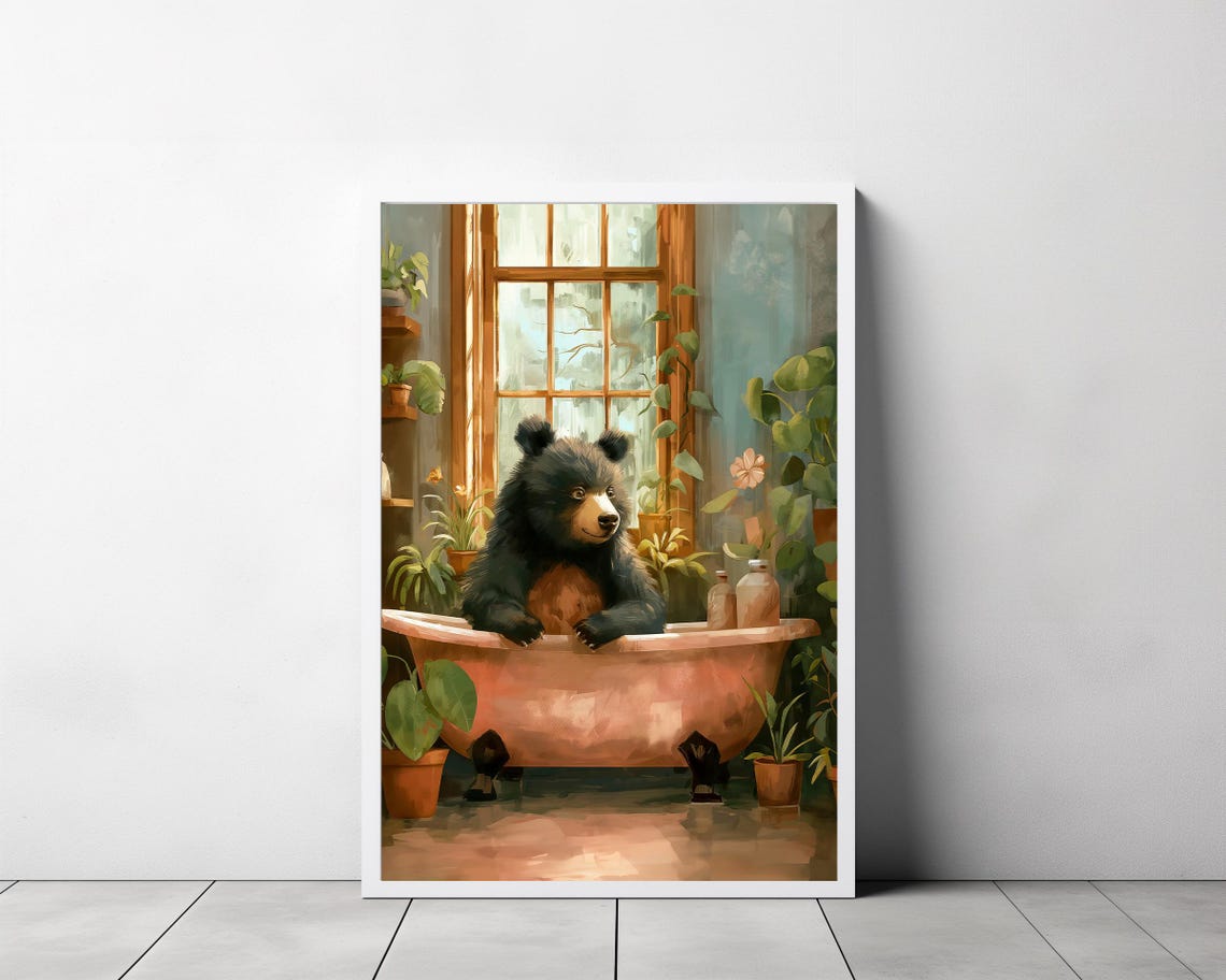 Black Bear Cub Sitting in a Copper Bathtub Botanical Art Poster - Image 3