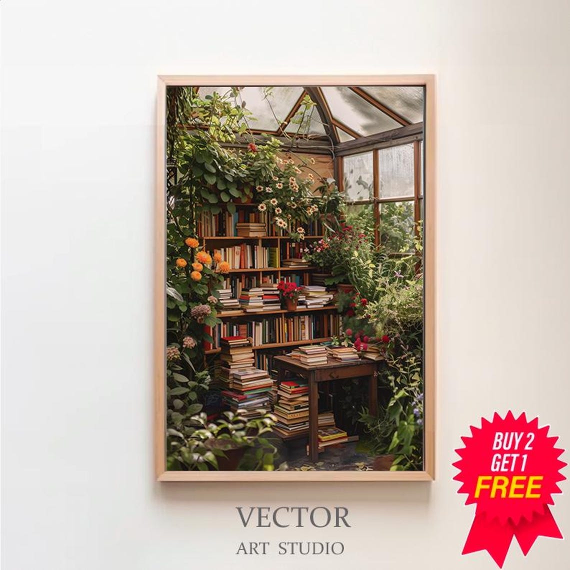 Conservatory Library Painting with Plants Books and Flowers Poster