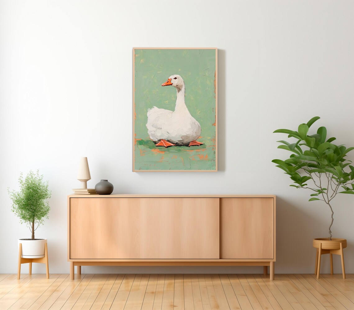 Charming White Goose Impasto Oil Painting on Sage Green Nursery Poster - Image 2