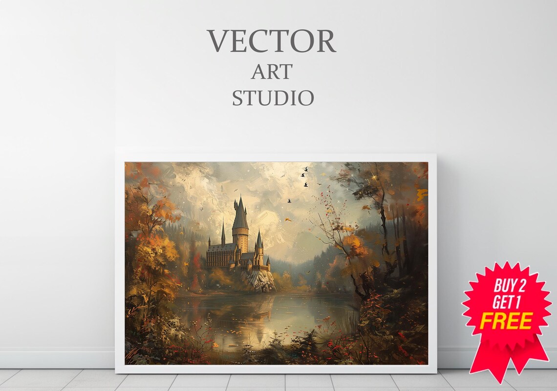Golden Autumn Haze Over Wizard Castle Lake Fantasy Art Print - Image 3