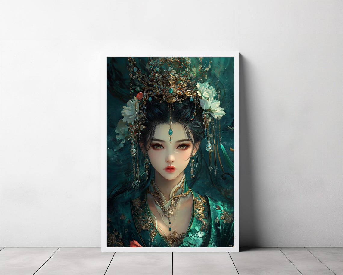 Green Tara Buddhist Goddess of Compassion Ornate Teal Portrait Poster - Image 3